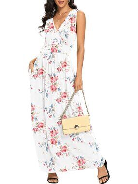 Lilbetter Women's Flower White Sleeveless Deep Loose Plain  Maxi Casual Dress